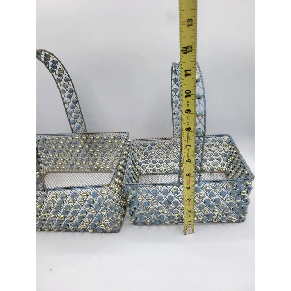 Vintage Beaded Wire Mesh Basket Set 2pc Blue Gold Cottagecore Decorative Storage